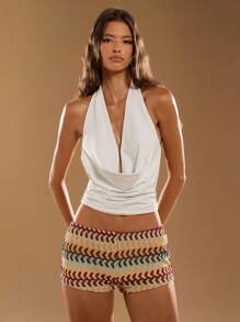SHEIN BAE Autumn Women's Pure White Ruched Plunge Neck Backless Beaded Chain Camisole Tank Top For Summer Vacation Wear, 70s Party Top - Beige - View 6