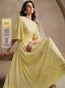 Anewsta New French Elegant Round Neck Patchwork Lace Ruffle 3/4 Sleeve Chiffon Slim Fit Midi Dress, Spring/Summer
