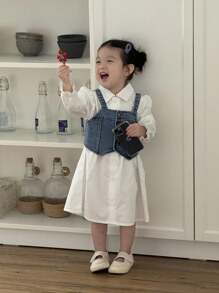 SHEIN Baby Girl Fashion Denim Overall Outfit With Shirt Dress And Vest, Suitable For Daily Wear, Casual Activities - Multicolor - View 1