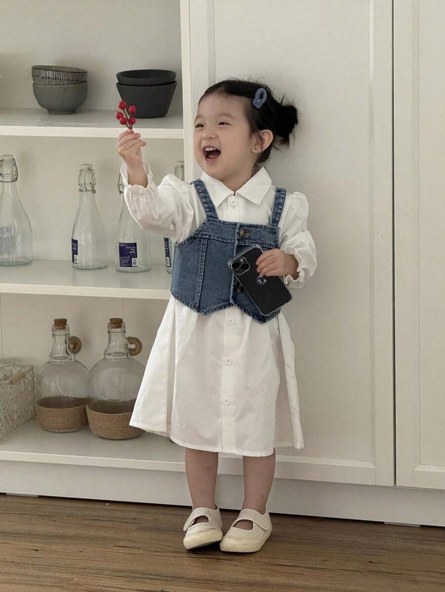 SHEIN Baby Girl Fashion Denim Overall Outfit With Shirt Dress And Vest, Suitable For Daily Wear, Casual Activities - Multicolor - View 1