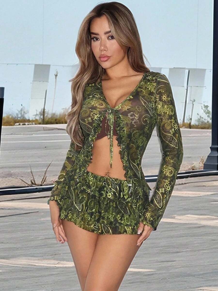 SHEIN ICON 长袖网眼印花开衫和低腰半身裙两件套 7 月 4 日女士服装 - 綠色 - 查看 1