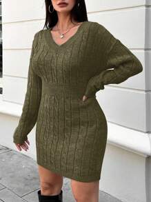 SHEIN Cottnline Plus Size Women'S Drop Shoulder Sweater Dress - Hijau Tentara - View 4