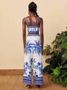 Travachic Woven Printed Cropped Tank Top & Loose Long Shacket & High Waist Wide Leg Pants - Blue and White - View 3