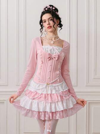 Kawaii Vestido corto de mujer con decoración de lazo dulce, 2 en 1 para pastel
