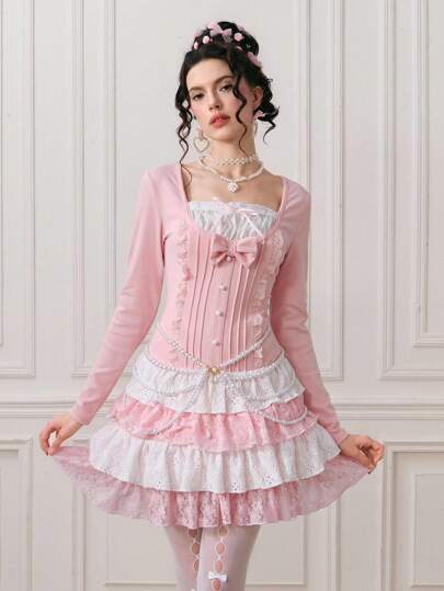 Kawaii Cute Sweet Bow Decor 2 In 1 Cake Women Short Dress