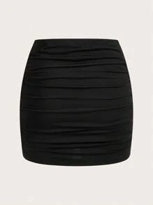 SHEIN MOD 2pcs Women Casual Minimalist Wine Red & Black Ruched Bodycon Mini Skirt Set, Suitable For Summer Suitable For Going Out Chic Dress