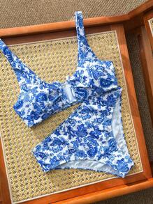 Swim Chiccia Traje de baño de 2 piezas para mujer con soporte de aro en U, nuevo, para vacaciones en la playa en verano - Azul y blanco - Ver 2