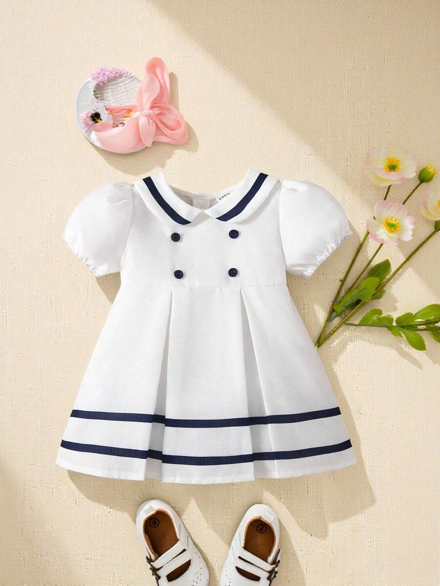 SHEIN Baby Girl Casual, Comfortable, Cute, Fashionable College Style Color Block Striped Bubble Sleeve Dress With Peter Pan Collar And Pleats - Multicolor - View 1