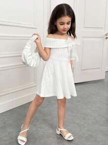 SHEIN Đầm chữ A dệt kim bo gấu, thắt eo, hở vai, thanh lịch, trang trí nơ cho bé gái - trắng - Xem 4