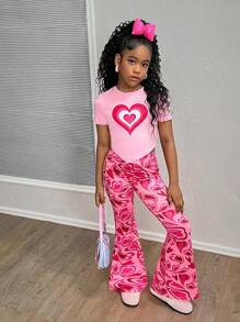 SHEIN 2 件套青少年女孩可爱心形印花 T 恤和针织裤休闲时尚搭配套装，日常百搭服装 - 粉色 - 查看 6