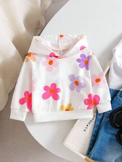 SHEIN Playful Pals 寶寶女孩休閒運動彩色花卉圖案帽衫，帶帽長袖衛衣，適用於日常穿著和外出活動