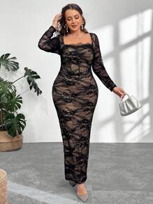 Firerie Plus Size Sexy Lace Long Sleeve Fitted Bodycon High Slit Dress For Party, Date, Evening, Spring & Summer Fall - Black - View 3