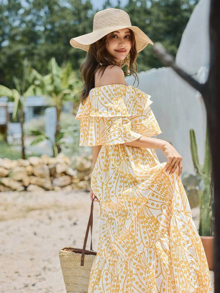 Floral Off Shoulder Ruffle Hem Cinched Waist Dress, Casual & Vacation Style For Ladies, Summer Dress
