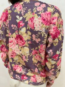 SHEIN LUNE 女士花卉和叶子印花纽扣开衫，薄款休闲圆领长袖毛衣 - 彩色 - 查看 2