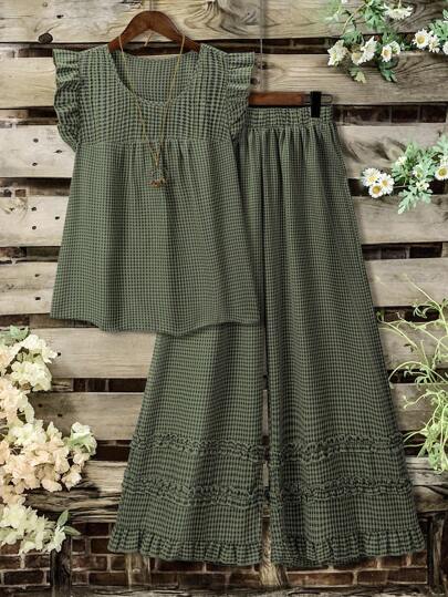 Linhara Plus Size Women's Plaid Ruched Cap Sleeve Shirt With Elastic Waist Wide Leg Pants Two Pieces Set, Casual Commuter Suit For Spring/Summer