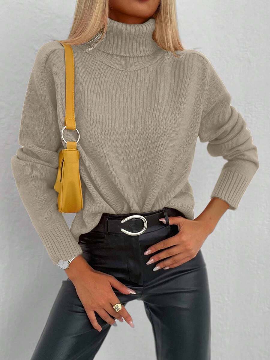 Cloudara Turtleneck Ribbed Knit Sweater - Brown - View 1