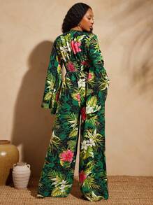 Vixey Tropical Floral Print Chiffon Plunge Neck Shirred Waist Wide Sleeve Jumpsuit, Tropical Outfits Women, Tropical Vacation Woman Clothes, Tropical Jumpsuit, Tropical Print Jumpsuit, Vacation Outfits For Women - Multicolor - View 6