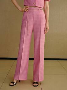 MOTF PREMIUM Pantalones rectos de traje con estampado de cuadros, costura delantera y cinturón con cadena