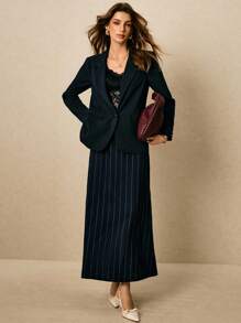 Poéselle Women's Simple Commuter Striped Lapel Single-Button Thin Blazer, Pinstripe Blazer Women, Women Pinstripe Blazer, Women Suit Jacket Autumn Winter Clothes For Women - Navy Blue - View 5