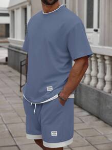 Manfinity Homme Plus Size Men Waffle Patchwork Crew Neck T-Shirt & Shorts Set - Blue - View 3