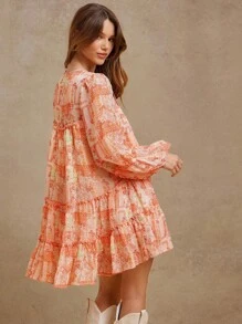 WESTFADE Summer Patchwork V Neck Ruffle Long Sleeve Mini Dress Beach Vacation - Orange - View 3