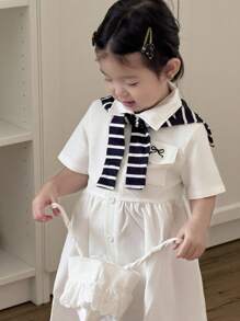 SHEIN Baby Girl Fashion College Style Long Sleeve Dress With Matching Shawl Set, Suitable For Daily Wear, Outings And School - Multicolor - View 3