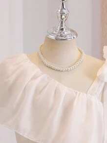 Glamorique Kids 小女孩白色荷叶边单肩网纱拼接蝴蝶结长裙优雅甜美简约设计适合派对通勤夏季 - 白色 - 查看 4