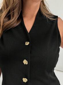 Auralis Plus Size Women's Spring And Summer Fashion, Elegant And Comfortable Daily Simple Commuting Black Suit Vest Metal Button Top, Old Money Style,Teacher Outfits For Women,Business Casual Woman,Office Wear,Work Clothes Women - Black - View 6