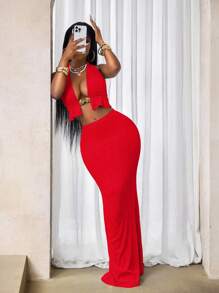 BamGleam Women Textured Metal Cutout Crop Halter Top And Mini Skirt Bodycon Sexy Set