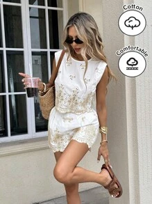 Serisse 2-Piece Women's Vintage Crew Neck Sleeveless Top And Shorts Set Cotton Embroidered Fabric   4 Of July Outfits Women  Vintage Clothes Women   Eacher Outfits For Women Summer Casual - Apricot - View 4