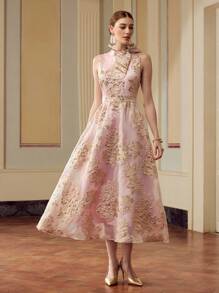 ZEYLAH Đầm midi jacquard thắt eo trang trí nơ thanh lịch cho nữ - Hồng - Xem 4