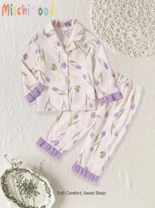2 件装女宝宝花卉印花荷叶边长袖衬衫和裤子套装可爱睡衣