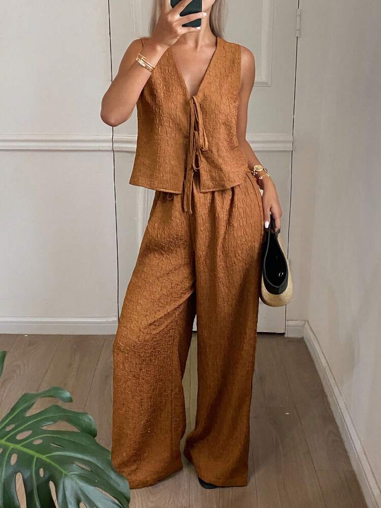 Women's Summer New Pleated Textured Tie Front 2 Pieces Casual Vacation Set Boho