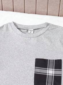 2 件男童时尚图案 T 恤和格子宽松裤套装，牛奶丝舒适休闲短袖睡衣 - 灰色 - 查看 3