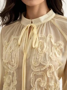 Revavyn Schimmernde Chiffon Stickerei Langarm Damenblusen - Gelb - Übersicht 1