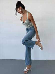 Firerie 女士绿色不对称垂坠领口前系带露背上衣，性感，适合派对、音乐节、春夏、海滩、通勤、优雅、性感、度假、波西米亚风、夏威夷风、音乐节、浪漫、约会、派对、婚礼季、毕业典礼、表演、情人节、教师节、母亲节、返校 - 綠色 - 查看 9