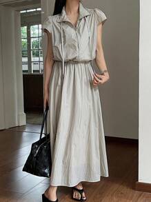 DAZY Set de 2 piezas: Top con cuello de polo y mangas abullonadas y Falda larga para mujer - Beis - Ver 3