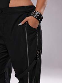 SHEIN Whyspr بنطال كاجوال مربوط للنساء كبيرة الحجم برباط سحاب ، للربيع/الصيف - الأسود - مشاهدة 7