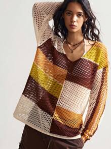 Bohemela Áo len dài tay dáng rộng, mỏng nhẹ, kẻ sọc nhiều màu sắc kiểu vintage mùa hè, thích hợp mặc đi nghỉ mát/bãi biển, phong cách Boho Chic dành cho nữ, phong cách Bohemian cho kỳ nghỉ. - Màu be - Xem 2