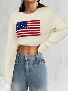 SHEIN EZwear 女款休閒街頭風國旗設計針織套頭毛衣 米色 秋季服飾 美式上衣 USA 4th Of July 短版 校園假期款 - 杏色 - 查看 6