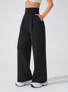 Lifespree Pantalones deportivos de cintura alta, unicolor, con pliegues y bolsillos, pernera ancha para mujer