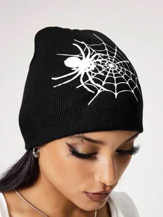 Grunge Punk 1pc Hip Hop & Rock Style White Spider Web & Spider Pattern Knitted Beanie, Black Solid Color Punk Warm Slouchy Beanie Hat, Fashion Accessory For Daily Wear & Halloween
