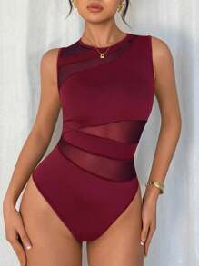 Chiquease 优雅性感时尚黑色圆领无袖修身不对称几何网眼拼布针织紧身衣女式春夏 - 酒紅色 - 查看 8