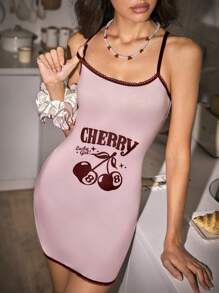 SHEIN Camiseta ajustada con estampado de letras y cerezas para mujer, camisón sexy - Rosa - Ver 2