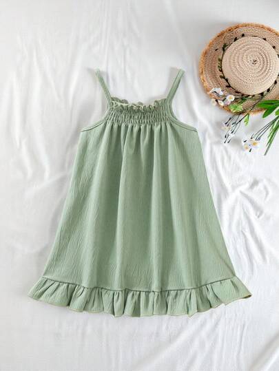SHEIN Vintaside Kids Baby Girl Cute Casual Minimalist Fresh Rural Style Loose Comfortable Soft Ruffled Hem Design Relaxed Fit Spaghetti Strap Green Dress, Suitable For Spring/Summer Home Or Vacation, High Cost-Effective