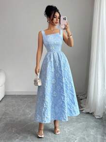 Elenzga 全新女式纹理花卉编织面料纯色宽肩带露背蝴蝶结设计时尚年轻合身通勤休闲收腰修身优雅精致年轻百搭中长连衣裙 - 藍色 - 查看 7