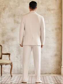 HIMLAND 两件套男士粉彩色复古休闲商务西装套装，奶油色西装，男士米色西装，男士婚礼西装，男士奶油色西装 - 卡其色 - 查看 3