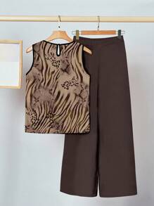 SHEIN Clasi Set de 2 piezas de conjunto informal de mujer con estampado de leopardo, animal, serpiente y cebra, apropiado para el verano