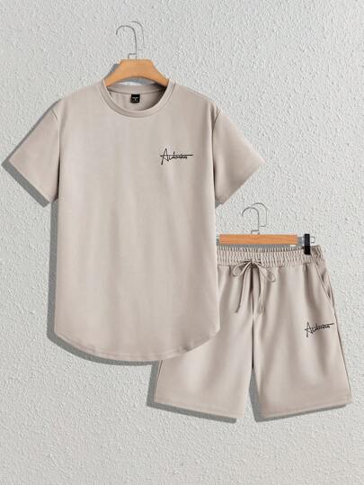 Manfinity BRENVOR Men's Letter Print Knit Short Sleeve T-Shirt And Shorts 2pcs/Set, Urban, Casual Men Two Pieces Set, Cozy Outfits