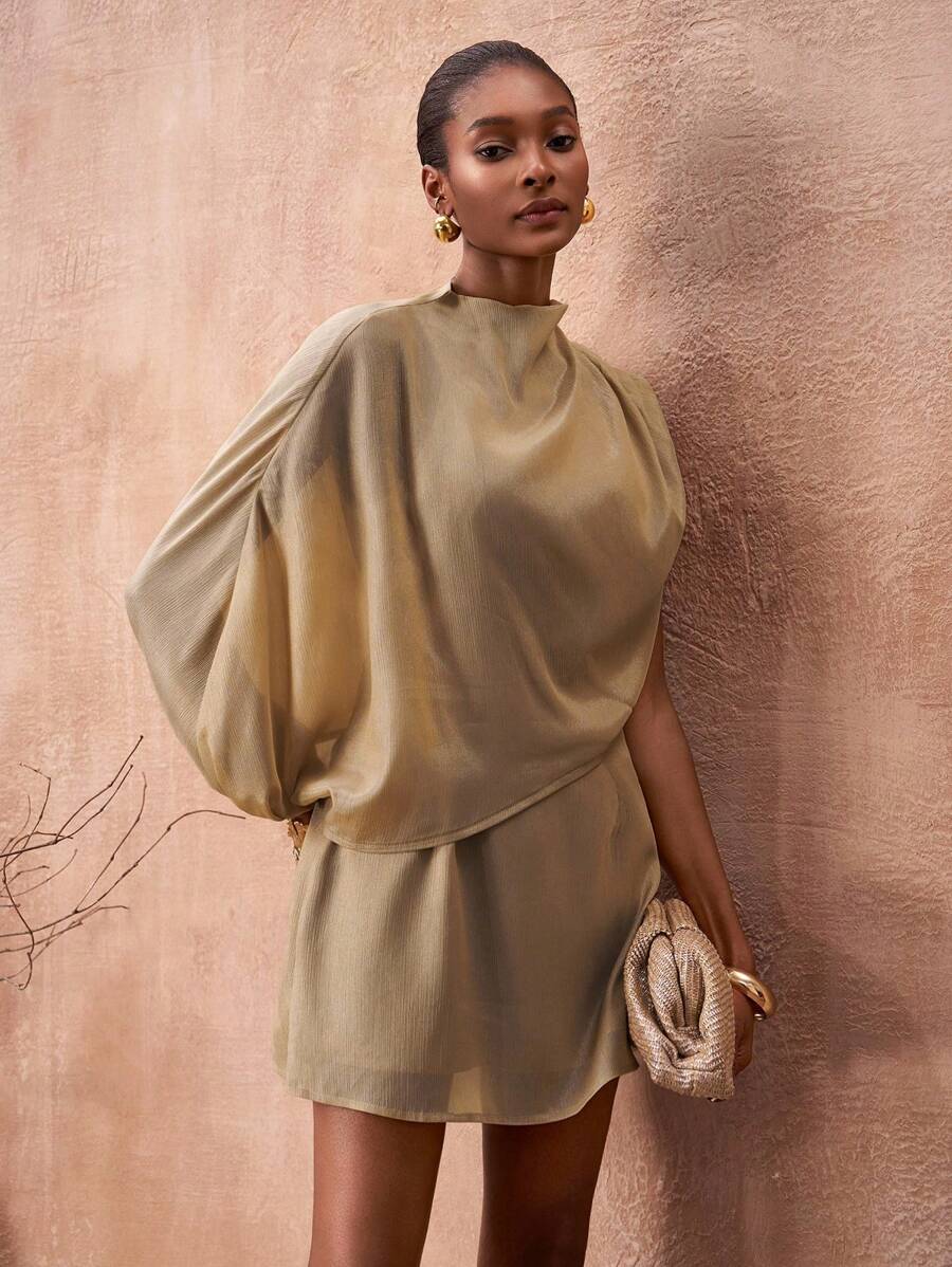 Zivah 2025 秋冬新款锈棕色网眼透视不对称袖迷你连衣裙，适合复活节、音乐节、日常穿着、派对、圣诞节、情人节、约会、海滩、邮轮、狂欢节 - 卡其色 - 查看 1